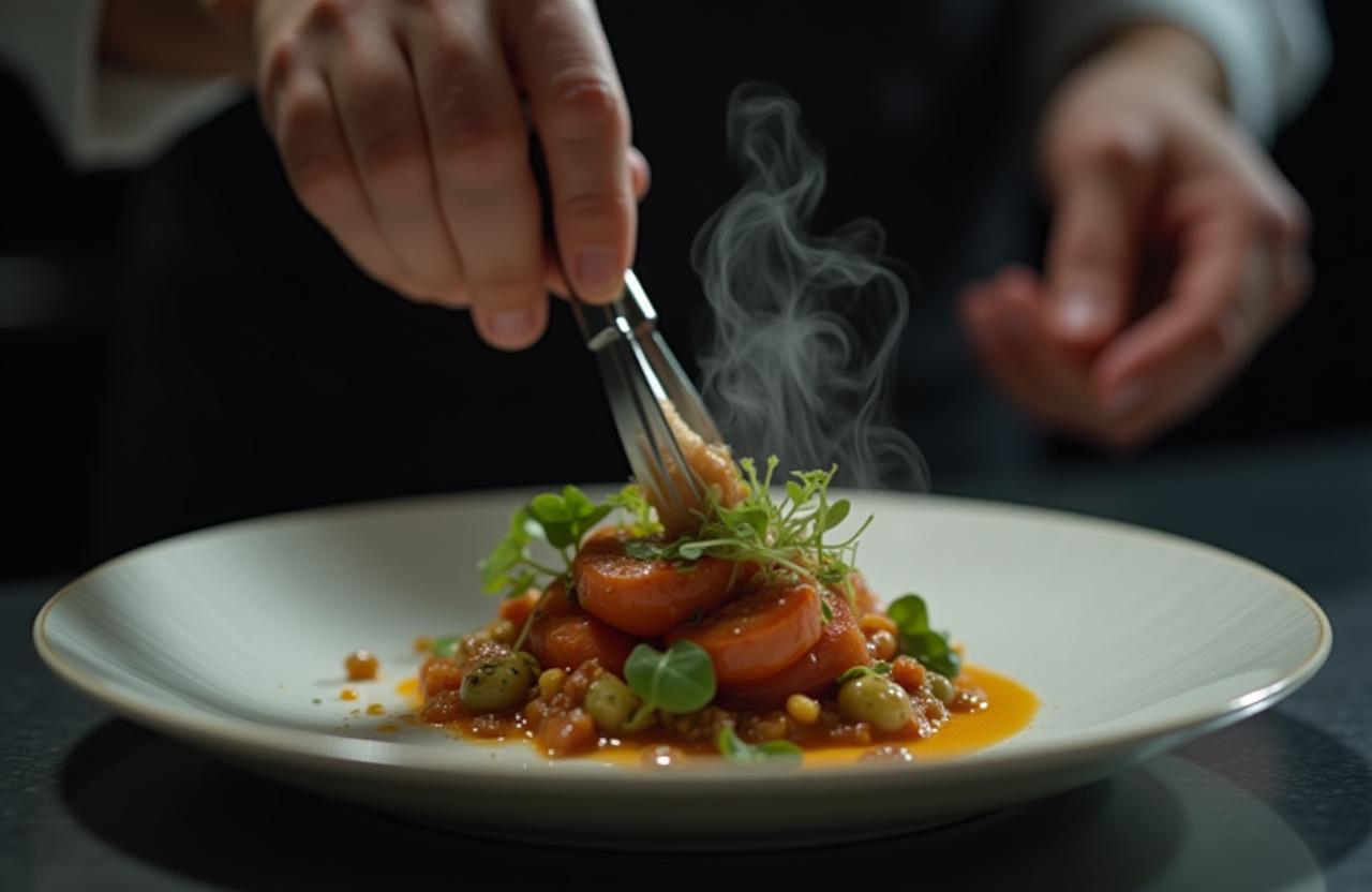 Chef che finalizza un piatto gourmet con attenzione ai dettagli