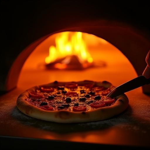 Chef che inforna la pizza in un forno a legna