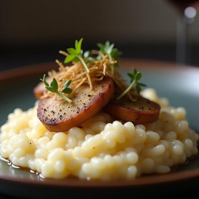 Piatto gourmet di risotto cremoso guarnito con scaglie di tartufo nero fresco e una scaloppa di foie gras