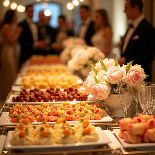 Lussuoso allestimento di catering per un evento aziendale, con finger food gourmet e decorazioni floreali
