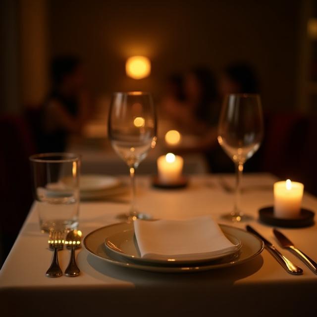 Tavolo elegantemente apparecchiato con candele e calici di vino in un ambiente di ristorante intimo