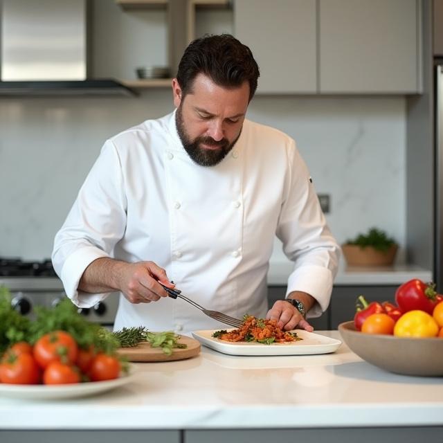 Un rinomato chef che cucina con cura in una moderna cucina domestica su un'isola in marmo